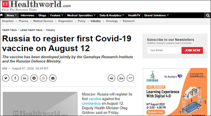 Russia to register world's first coronavirus vaccine on Aug 12