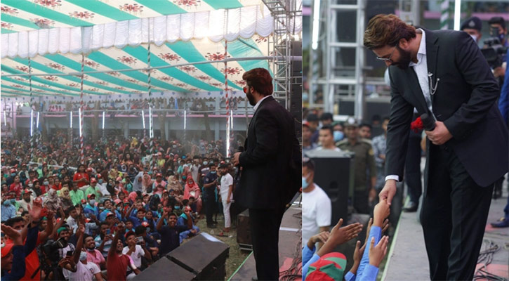 নারায়ণগঞ্জে শাকিব খানকে দেখতে উৎসুক মানুষের ঢল