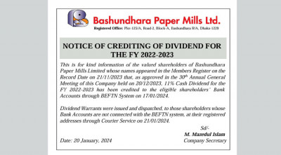 ২০২২-২০২৩ অর্থবছরের জন্য লভ্যাংশ ক্রেডিট করার বিজ্ঞপ্তি